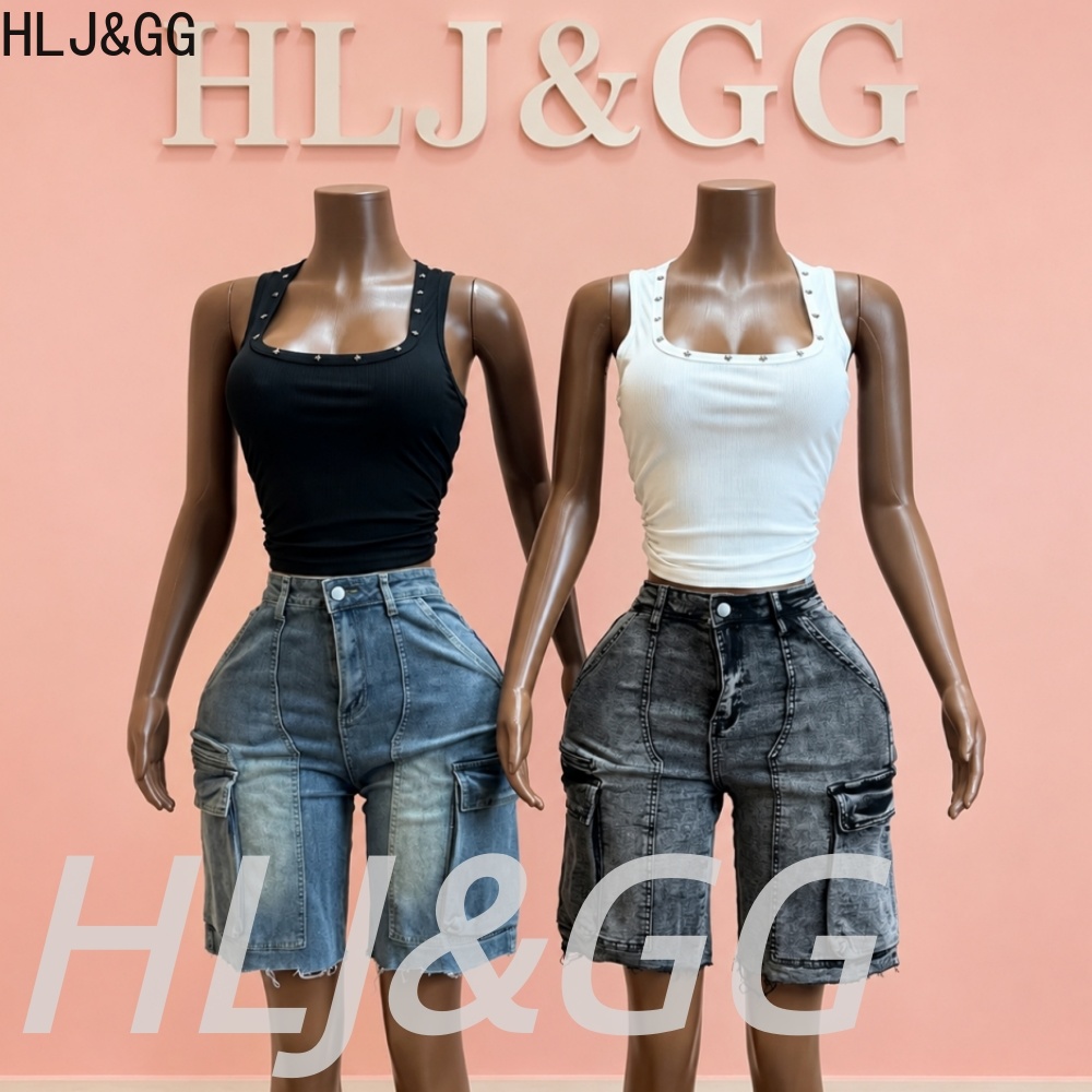 Women Fashion Jeans Top - HLJ&GG Moda Denim Cepli Düz Şort