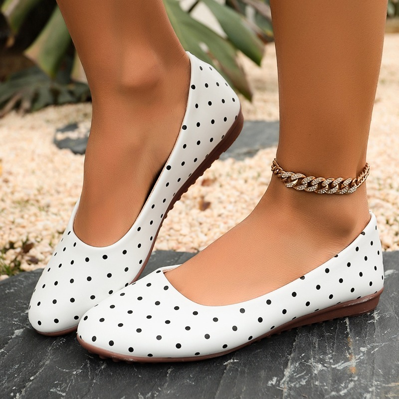 Women'S Fashion Loafers - Bayan Beyaz Puantiyeli Yuvarlak Burunlu 1.5CM