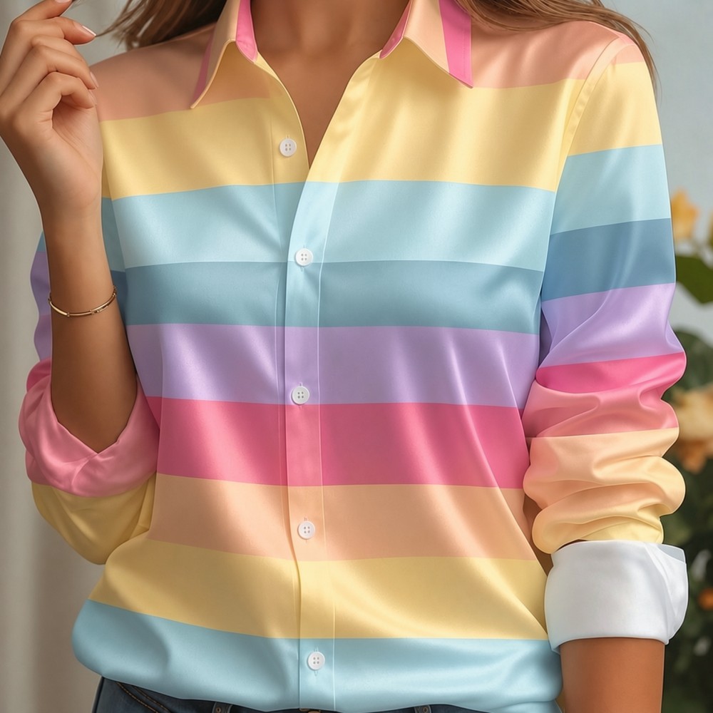 Women Fashion Outfits - Kadın Saten Yaka Gömlek Pastel Çizgili