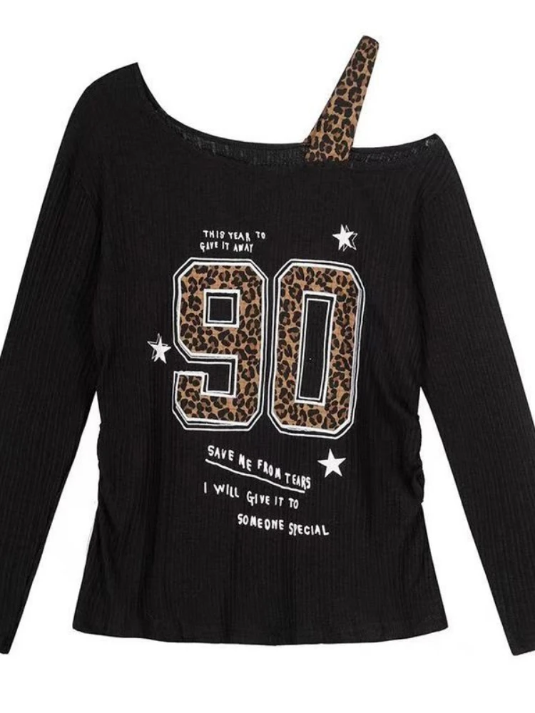 Women'S Fashion Tops - Y2K Patchwork Leopar Desenli Tişört Kadın