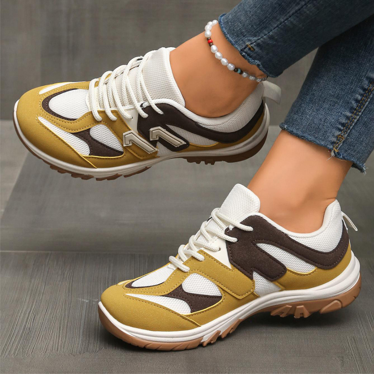 Women'S Yellow Fashion Sneakers - Moda Gri Sarı Karışık Renk Kaymaz