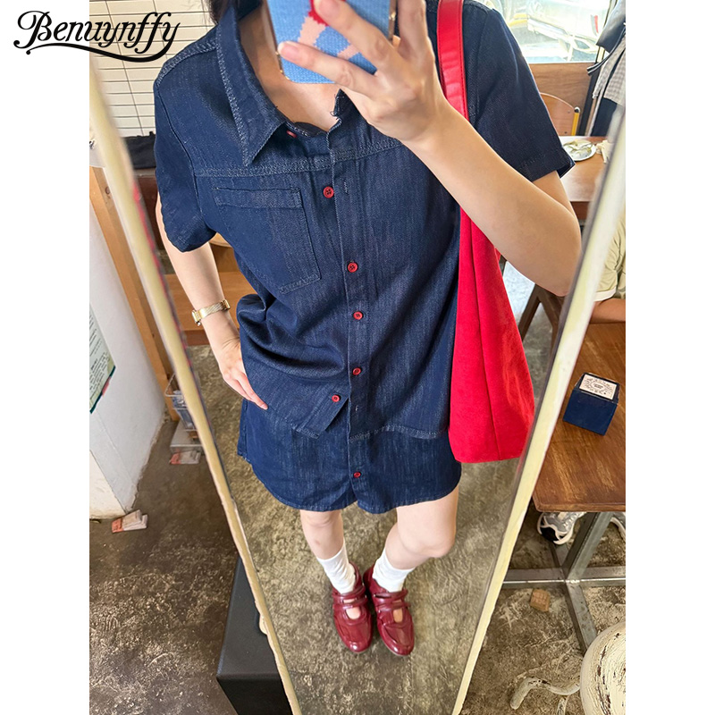 Women Fashion Jeans Top - Benuynffy Retro Kısa Kollu denim gömlek