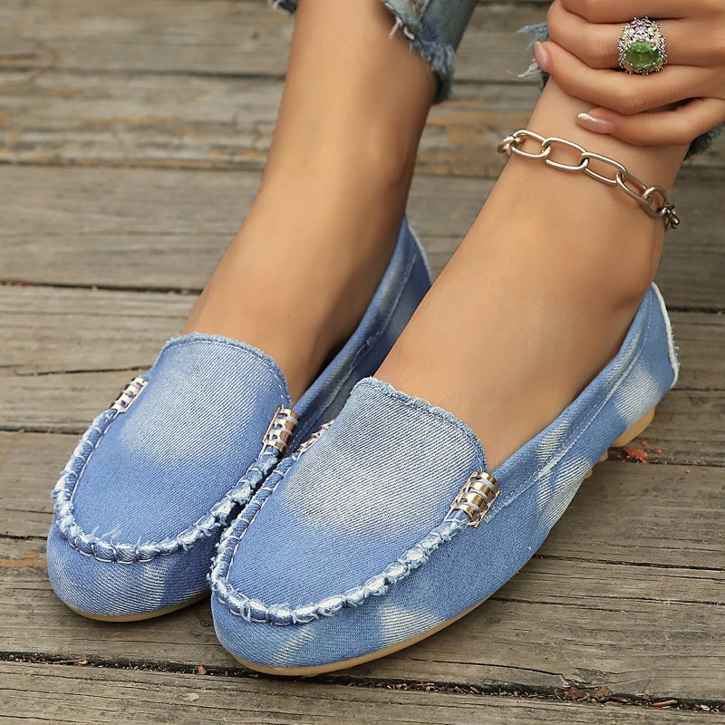 Women'S Fashion Loafers - Moda Açık Mavi Kot Mokasenler Metal