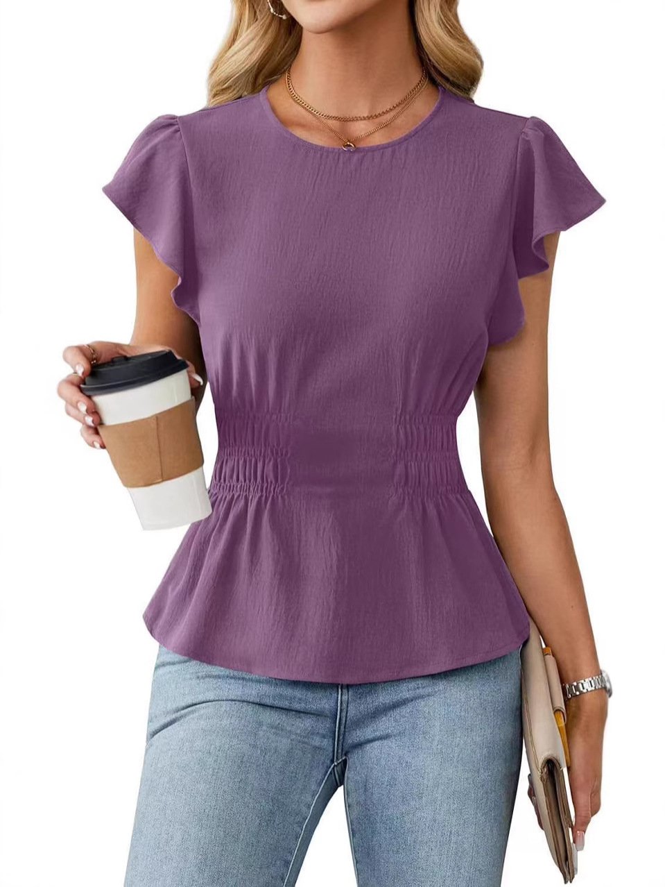 Women'S Fashion Tops - Kadın Fırfırlı Kısa Kollu Bluz Yuvarlak
