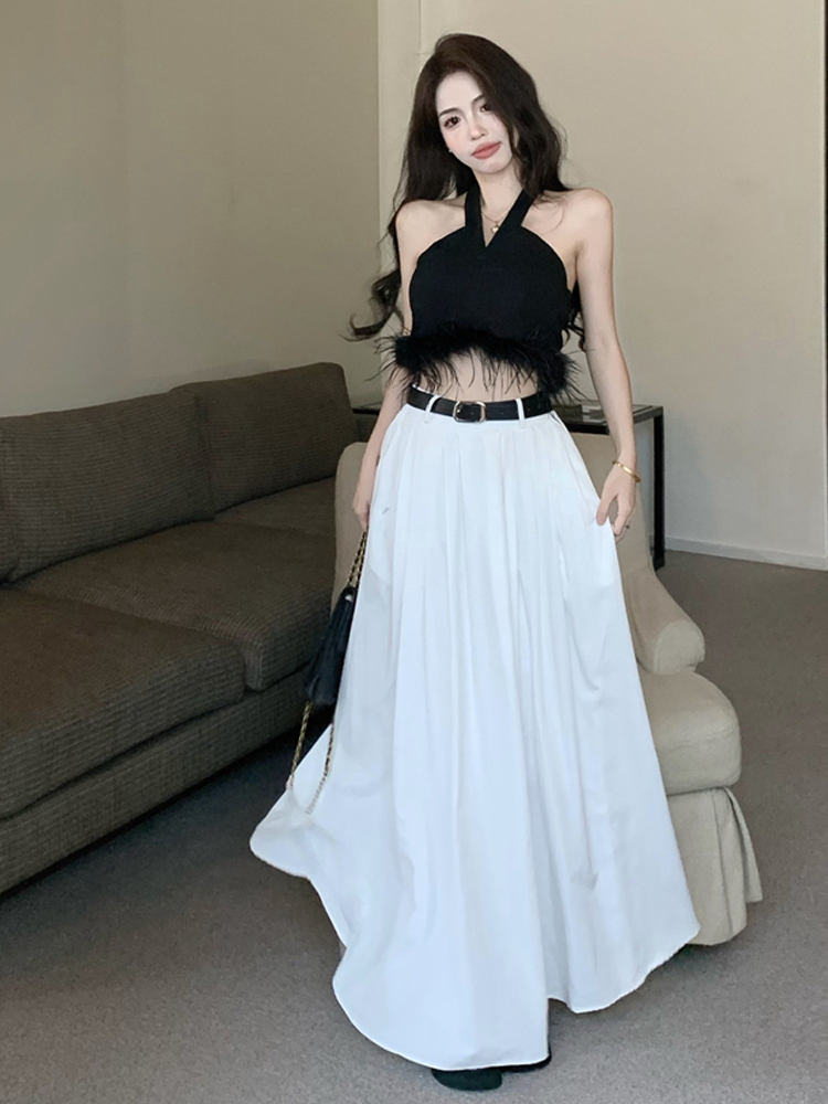 Women'S Young Fashion - Seksi Kısa Bel Gösteren Tüylü Halter