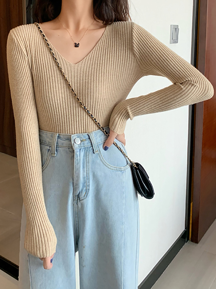 2026 Basit B Yaka Düz Sonbahar - Ribbed Knit Sweater incelemesi ve fiyatı