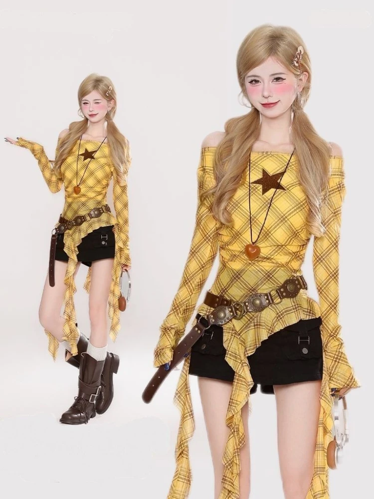 Y2K Ekose Slash Yaka Vintage K - Women'S Fashion Tops incelemesi ve fiyatı