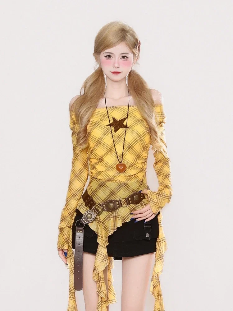 Y2K Ekose Slash Yaka Vintage K - Women'S Fashion Tops incelemesi ve fiyatı