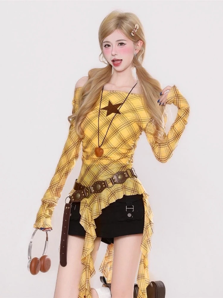 Y2K Ekose Slash Yaka Vintage K - Women'S Fashion Tops incelemesi ve fiyatı