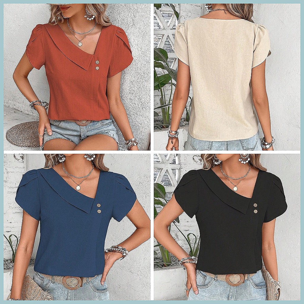 2024 Yaz Vintage Düz Renk Kadı - Women'S Fashion Tops incelemesi ve fiyatı